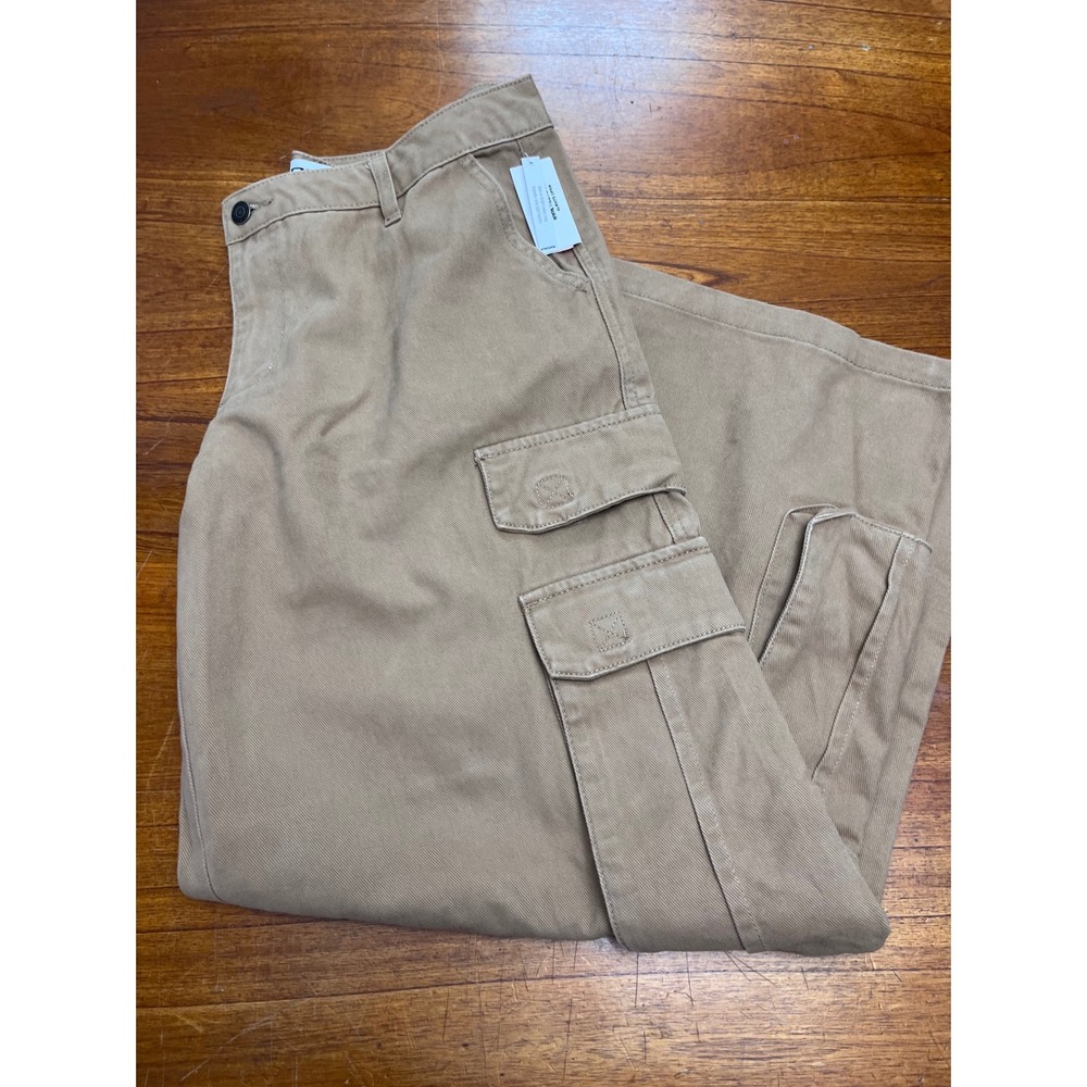 Mid Rise Wide Leg Twill Cargo Pants Light Brown